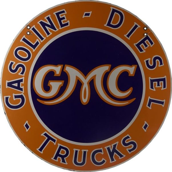 GMC GASOLINE DIESEL TRUCKS ROUND PORCELAIN SIGN   