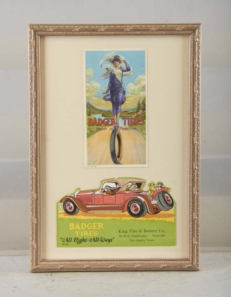 EARLY BADGER TIRES LITHO ADVERTISEMENTS IN FRAME  