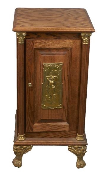 WOOD SLOT MACHINE STAND WITH BRASS PLAQUE         