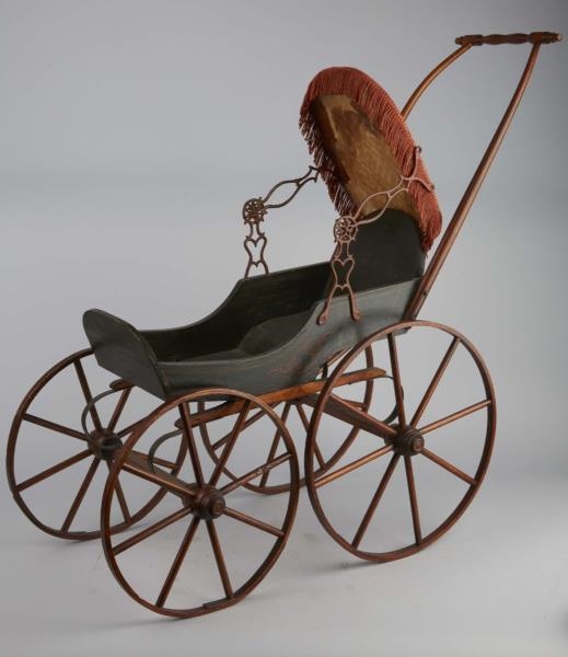 ANTIQUE WOOD FOUR WHEEL STROLLER WITH HOOD        