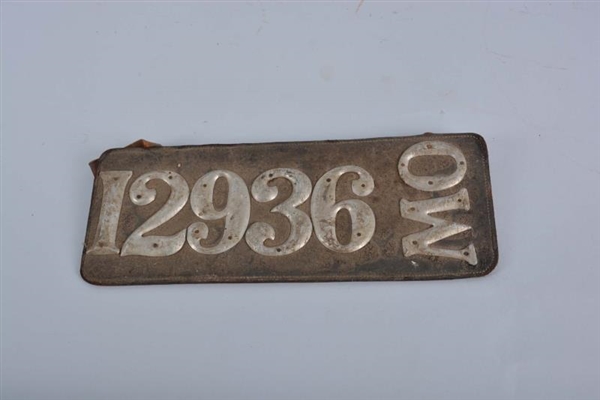 EARLY LEATHER MISSOURI LICENSE PLATE #12936 MO    