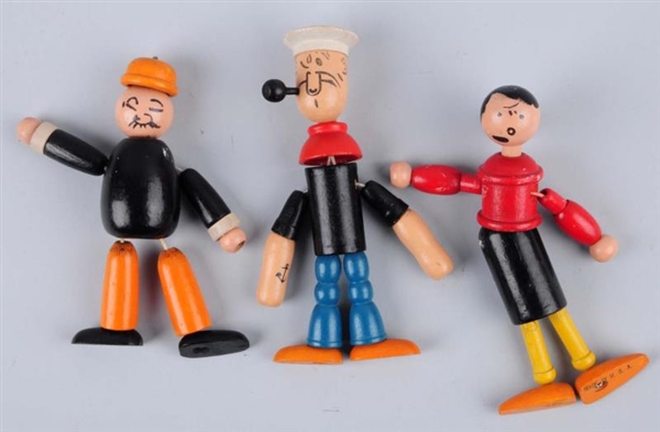 LOT OF 3: WOODEN POPEYE CHARACTER FIGURES.        