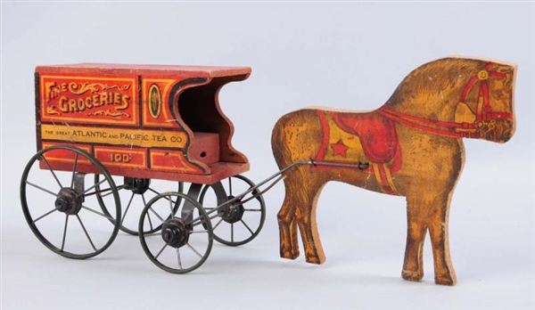 WOODEN HORSE AND GROCERY CART PULL TOY.           