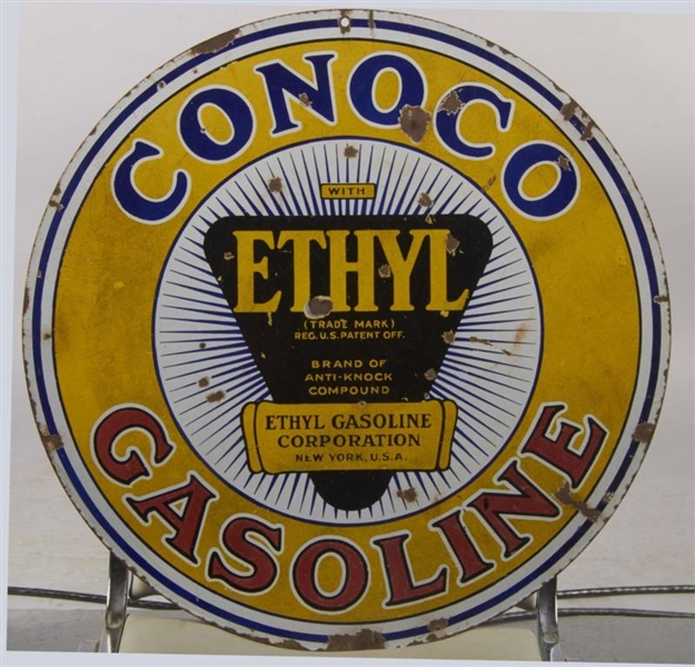 ROUND CONOCO GASOLINE WITH ETHYL PORCELAIN SIGN   