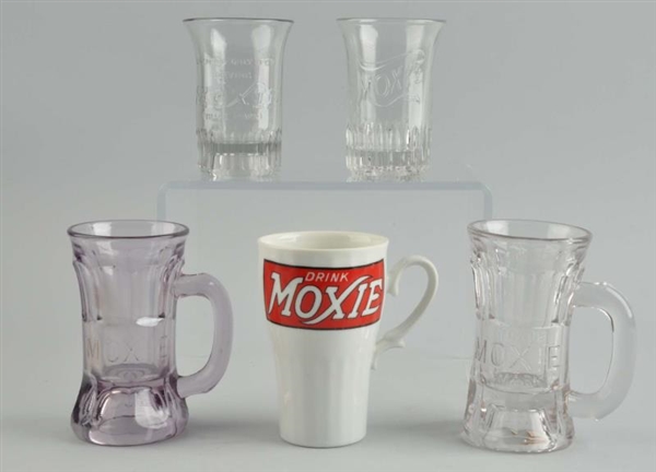 LOT OF 5: MOXIE MUG & GLASSES.                    