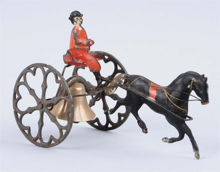 EARLY AMERICAN TIN HORSE DRAWN GIG BELL TOY.      