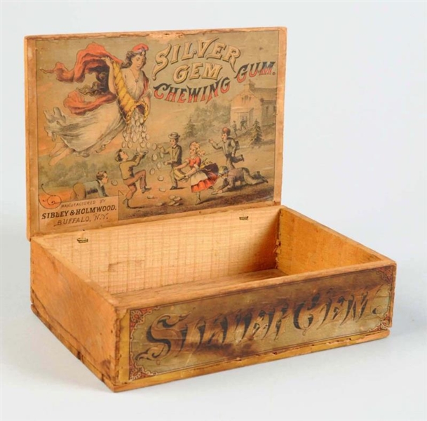 EARLY WOODEN SILVER GEM CHEWING GUM BOX.          