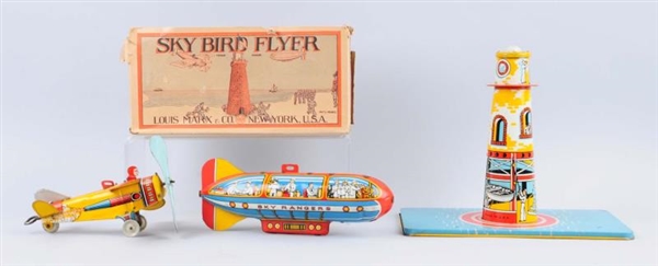 LOT OF TIN TOY PIECES & BOX.                      