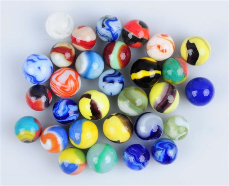 LOT OF 30: LARGE MACHINE MADE MARBLES.            