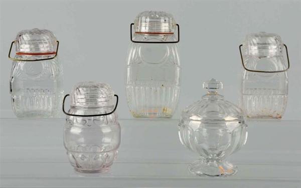 LOT OF 5: GLASS CANDY JARS.                       