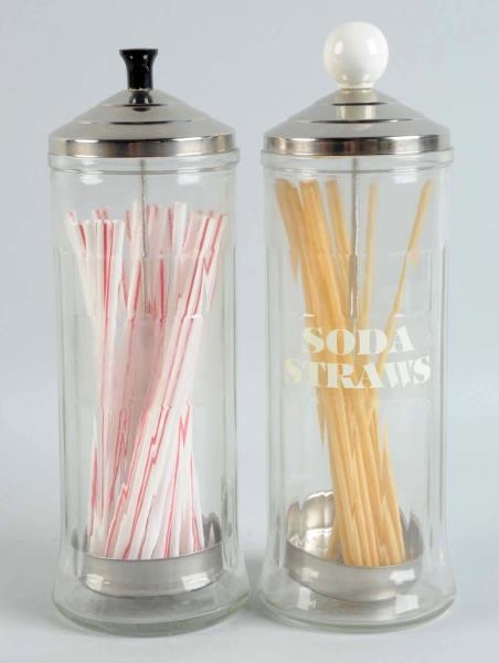 LOT OF 2: GLASS AND CHROME SODA STRAW HOLDERS.    