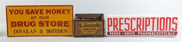 LOT OF 3: DRUG STORE ADVERTISING ITEMS.           