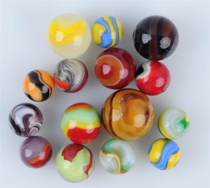 LOT OF 15: MACHINE MADE MARBLES.                  
