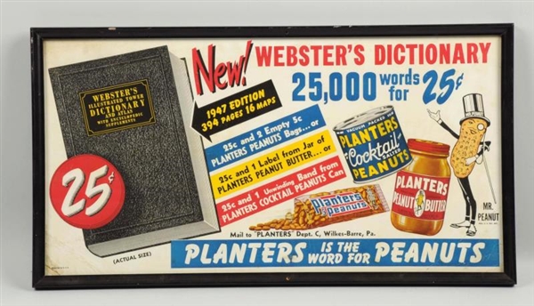1947 PLANTERS PEANUTS DICTIONARY PROMO SIGN.     