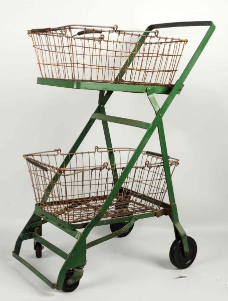EARLY GROCERY CART WITH 2 WIRE BASKETS.           