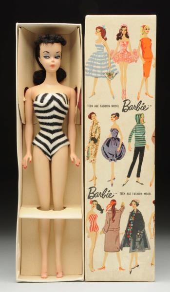 1858 NO.1 BRUNETTE PONYTAIL BARBIE WITH BOX.      