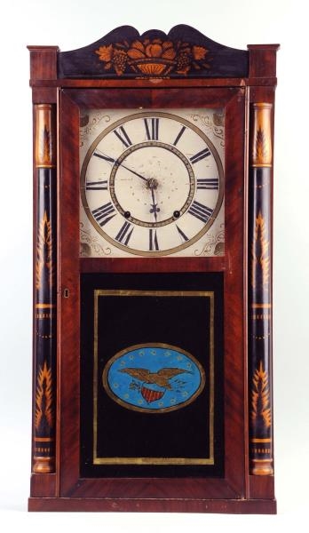 LARGE WOODEN CLOCK WITH REVERSE GLASS WITH EAGLE. 