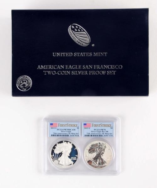 LOT OF 2: SILVER EAGLE FIRST STRIKE W/FLAG LABEL. 
