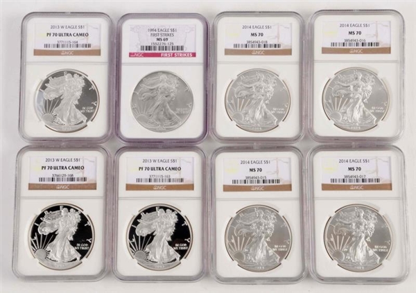 LOT OF 8: SILVER EAGLES.                          