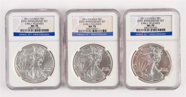 LOT OF 3: SILVER EAGLE EARLY RELEASE BLUE LABELS. 