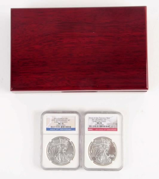 LOT OF 2: SILVER EAGLES EARLY RELEASE RED LABEL.  
