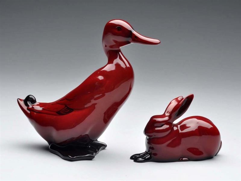 ROYAL DOULTON RED FLAMBE DUCK & RABBIT FIGURES.   