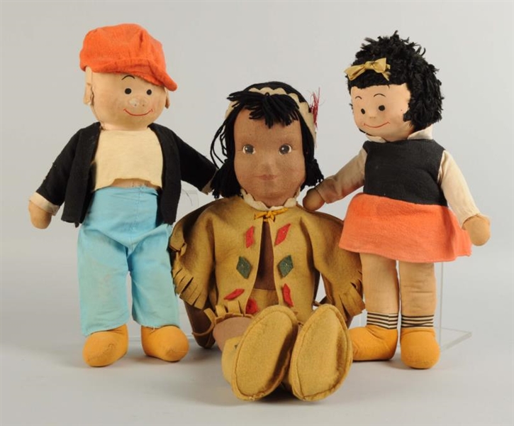 LOT OF 3: ALL CLOTH 1940S - 50S DOLLS.          