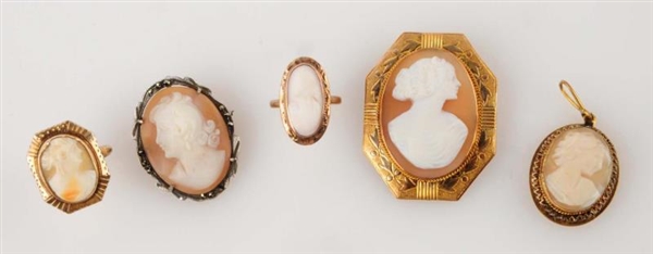 LOT OF 5: SHELL CAMEO JEWELRY ITEMS.              