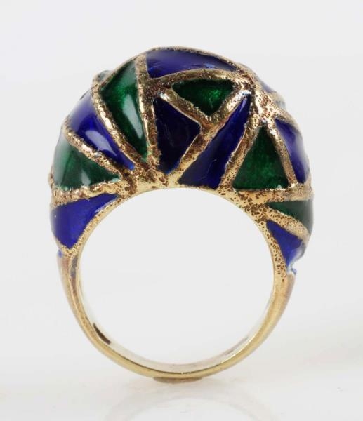 GOLD RING WITH GREEN & BLUE ENAMEL.               