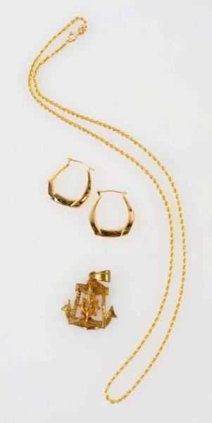 LOT OF 3: YELLOW GOLD EARRINGS, CHAIN & PENDANT.  