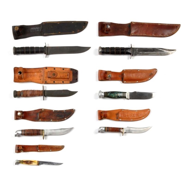 LOT OF 7: ASSORTED KNIVES WITH SHEATHS.           