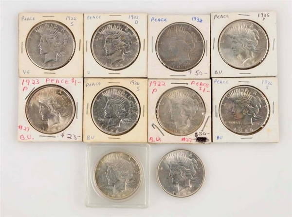 LOT OF 10: PEACE SILVER DOLLARS.                  