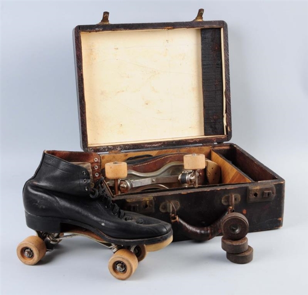 EARLY ROLLER SKATES IN WOODEN CARRYING CASE.      
