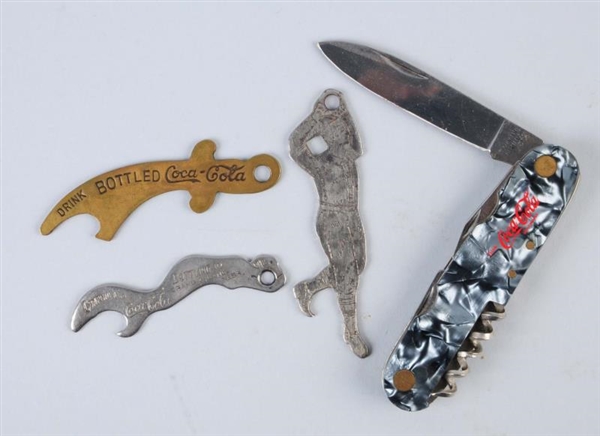 LOT OF 4: COCA - COLA BOTTLE OPENERS AND A KNIFE. 