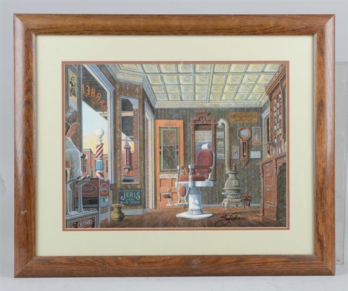 BARBER SHOP PAINTING SIGNED PRINT IN FRAME        