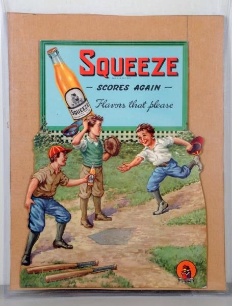 1930S - 40S SQUEEZE CARDBOARD EASEL SIGN.         
