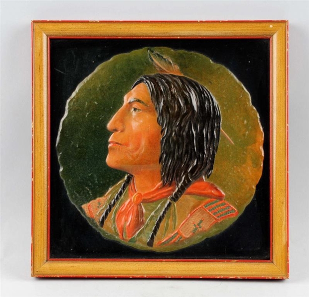 CELLULOID PLAQUE DEPICTING NATIVE AMERICAN.       