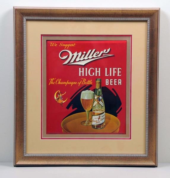 MILLER BEER TIN OVER CARDBOARD LITHOGRAPH SIGN.   