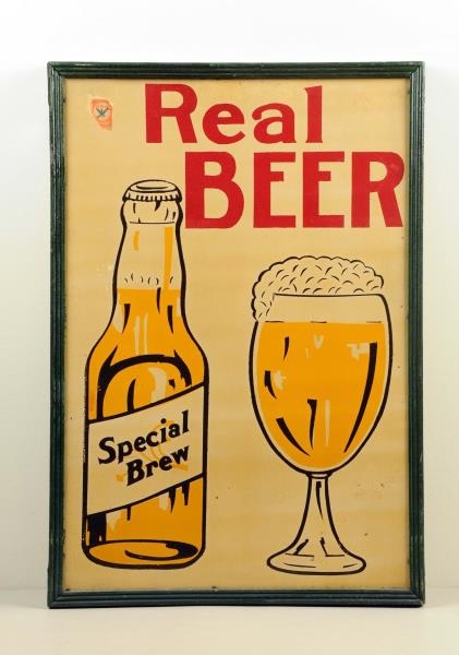 PAINTED TIN DOUBLE SIDED BEER SIGN.               