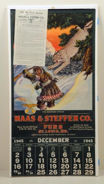 NEW OLD STOCK 1945 MAAS & STEFFAN CO. FURS SIGN.  