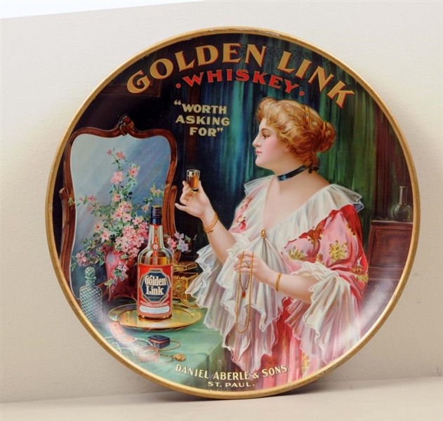 GOLDEN LINK WHISKEY TIN LITHOGRAPH CHARGER.       