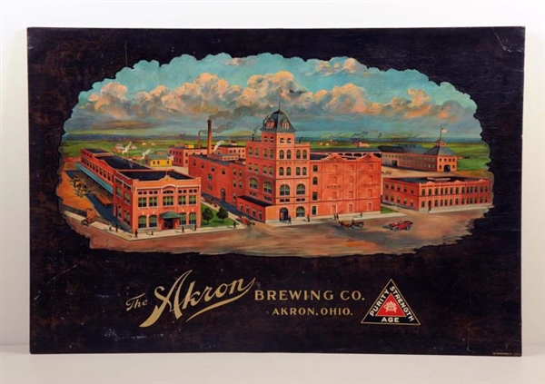 THE AKRON BREWING COMPANY LITHOGRAPH ON WOOD SIGN.
