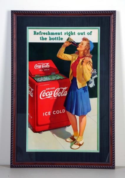 BEAUTIFUL FRAMED 1941 SMALL COCA - COLA POSTER.   
