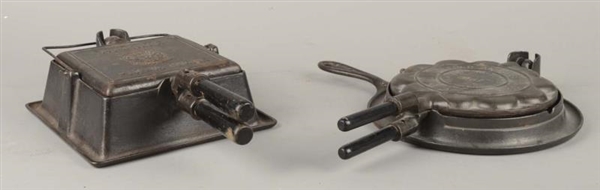 LOT OF 2: SQUARE & ROUND CAST IRON WAFFLE IRONS   