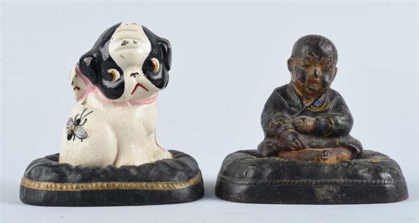 CAST IRON ASIAN BOY & PUPPY WITH BEE ON HIP BANKS.