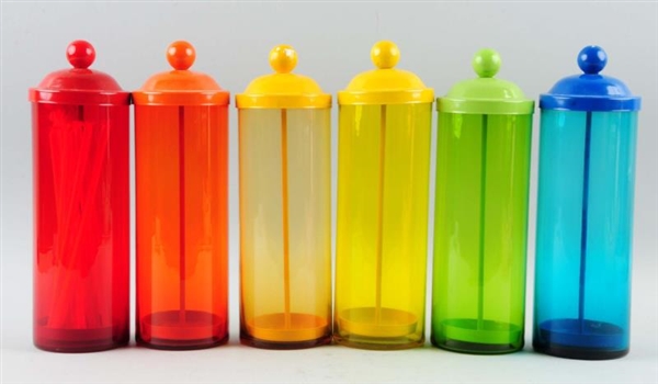LOT OF 6: COLORED GLASS STRAW HOLDERS.            