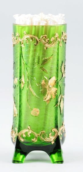 1899 GREEN GLASS STRAW HOLDER.                    
