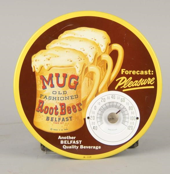 ROUND MUG BELFAST ROOT BEER THERMOMETER AD SIGN   