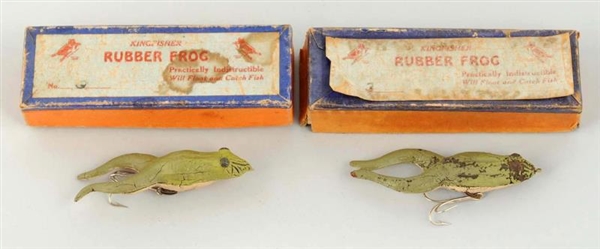 LOT OF 2: SCARCE KINGFISHER RUBBER FROGS IN BOXES.