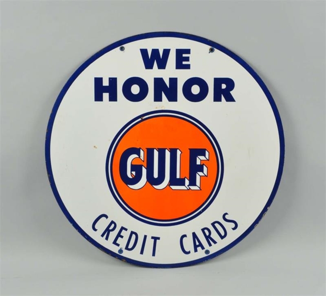 GULF CREDIT CARD DOUBLE SIDED PORCELAIN SIGN.     